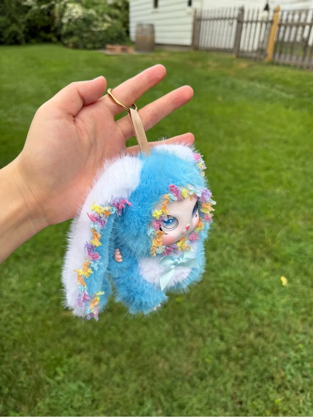 Adorable Blue Plush Bunny Keychain with Floral Trim backpack charm for birthday
